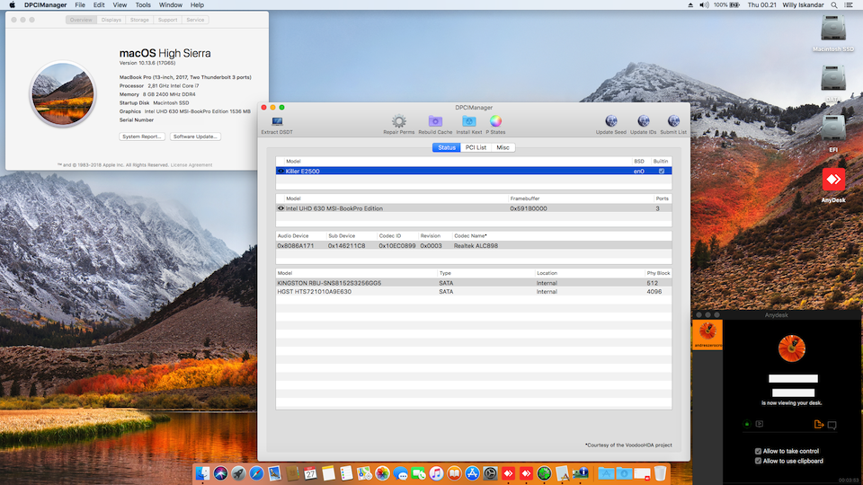 Success Hackintosh macOS High Sierra 10.13.6 Build 17G65 at MSI GP62 7RD Leopard